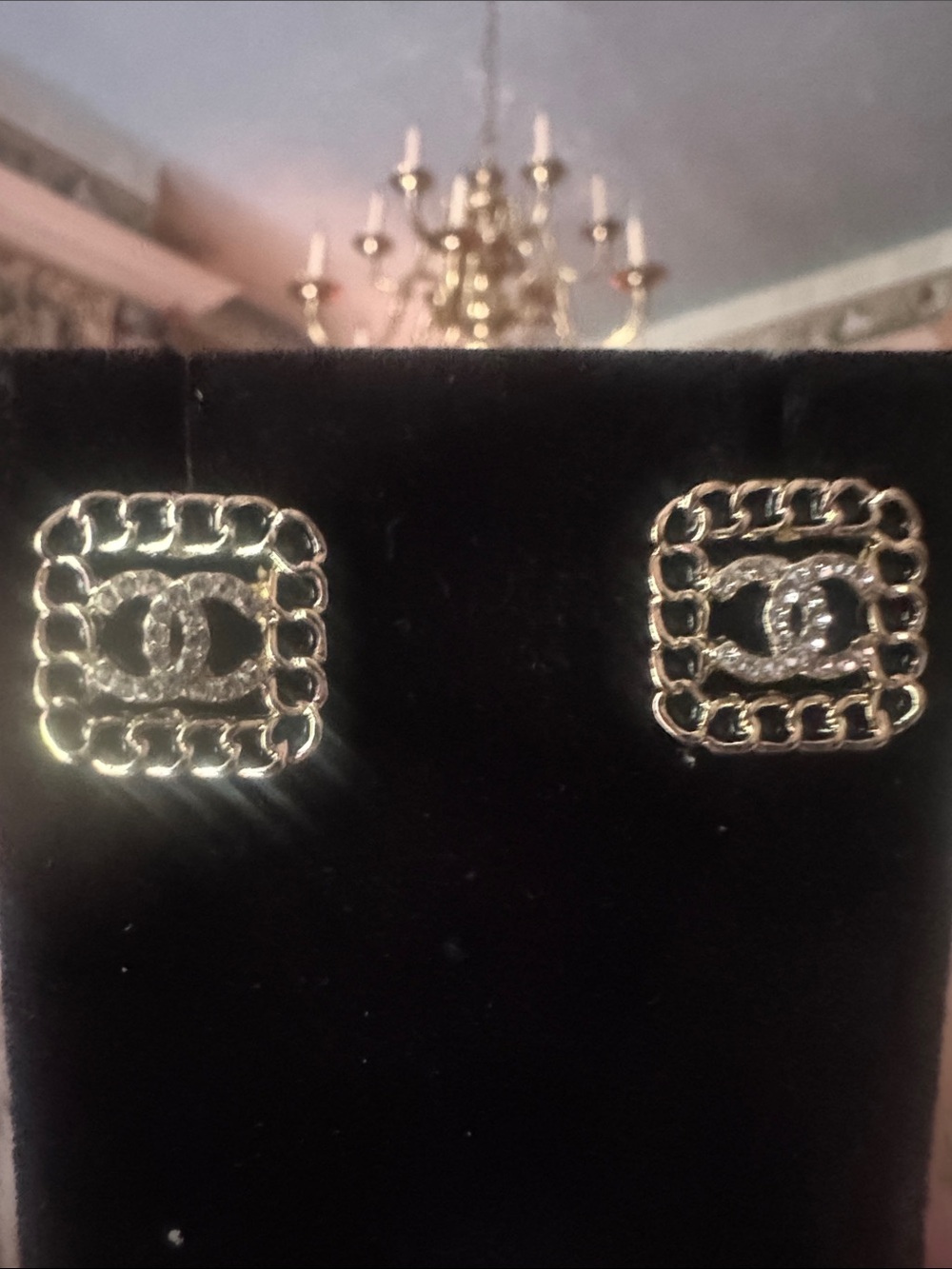 Gold Tone Chain-Frame Logo Stud Earrings - Designer Style
